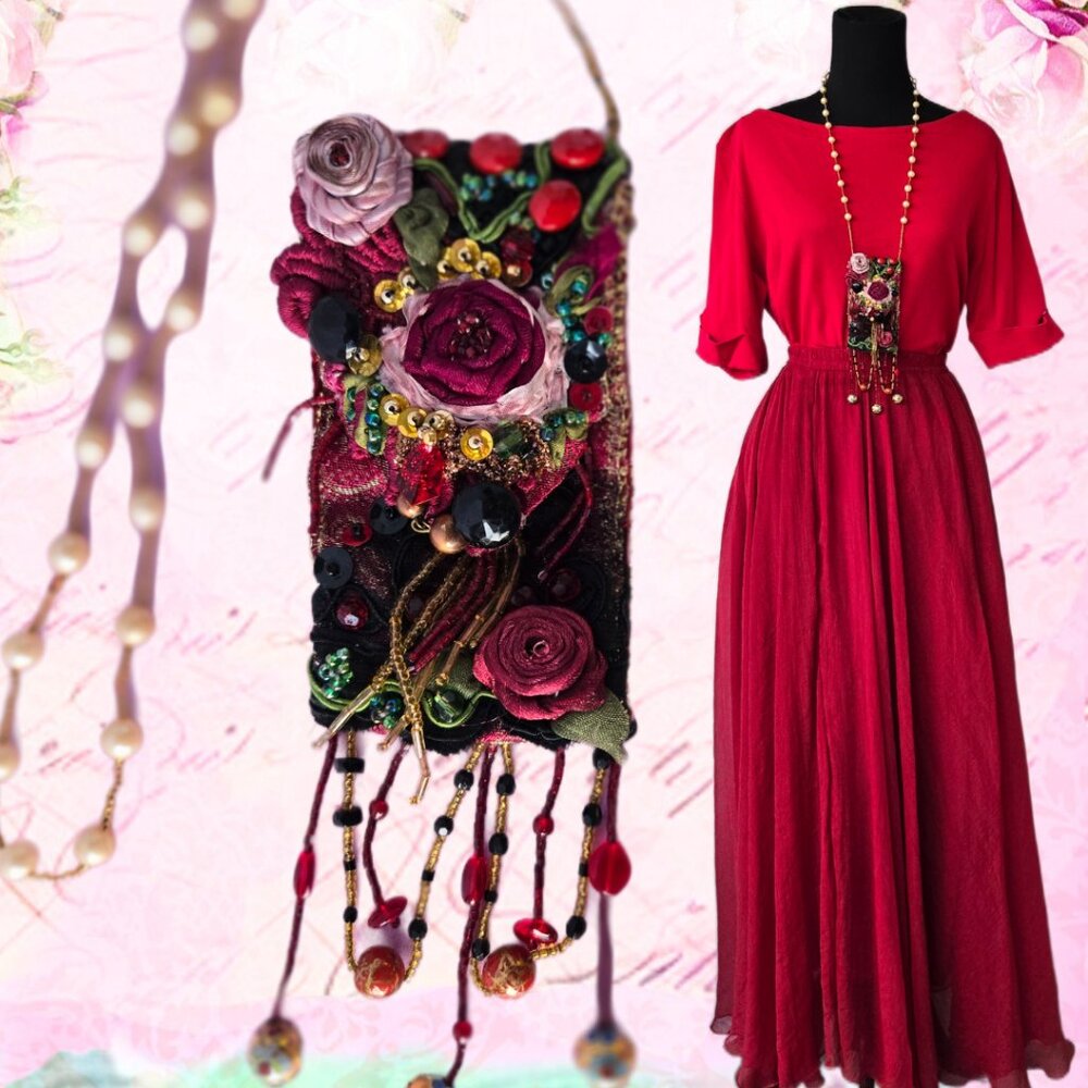 Handmade Red Rose and Bejeweled Ornate Pouch Necklace 1920's-Style